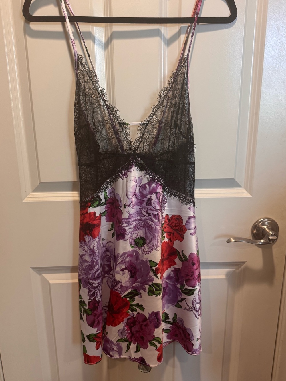 Victoria's Secret Satin Floral Chemise in White, Purple & Red with Black Lace